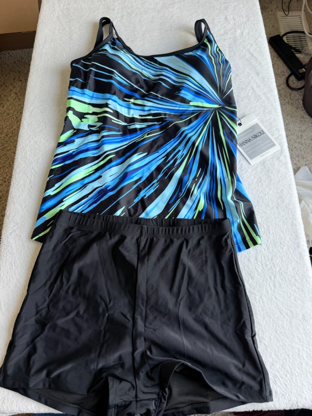 Tankini Set with Black Swim Trunks in Blue & Lime Burst